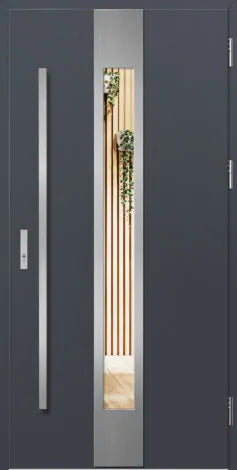 Modern gray door with a vertical window and metallic handle