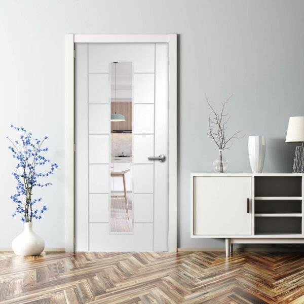 Modern interior design with a white door, wooden floor, and minimal decor.