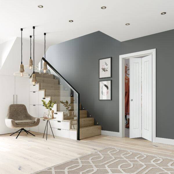 Modern interior design of a living room with gray walls, white ceiling, and wooden floor.