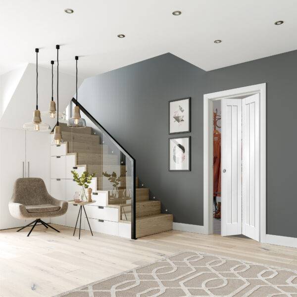 Modern interior design of a living room with gray walls, wooden staircase, and decorative elements.