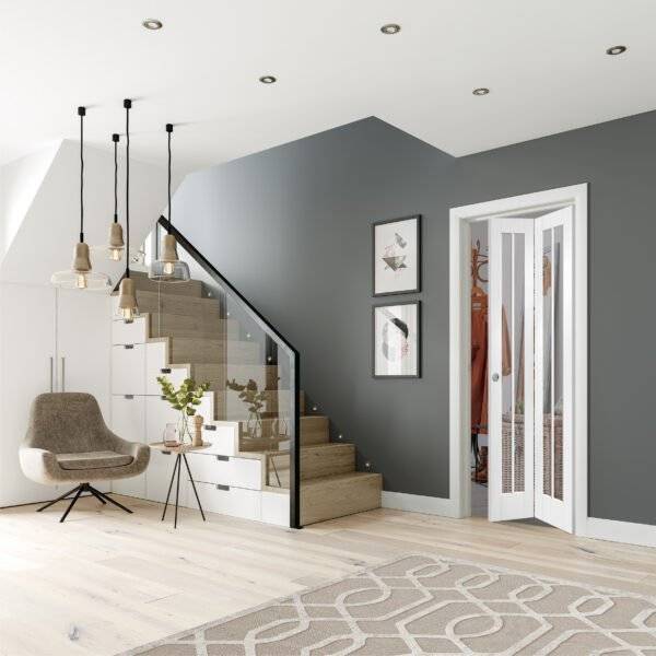 Modern interior design of a staircase with gray walls, white doors, and decorative elements.
