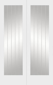 Pair of metallic silver doors with vertical ribbed design on a white background