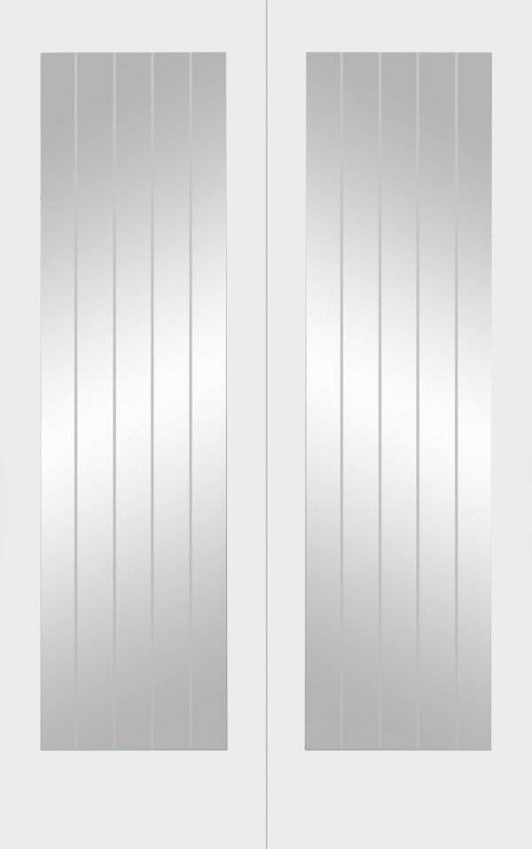 Pair of metallic silver doors with vertical ribbed design on a white background