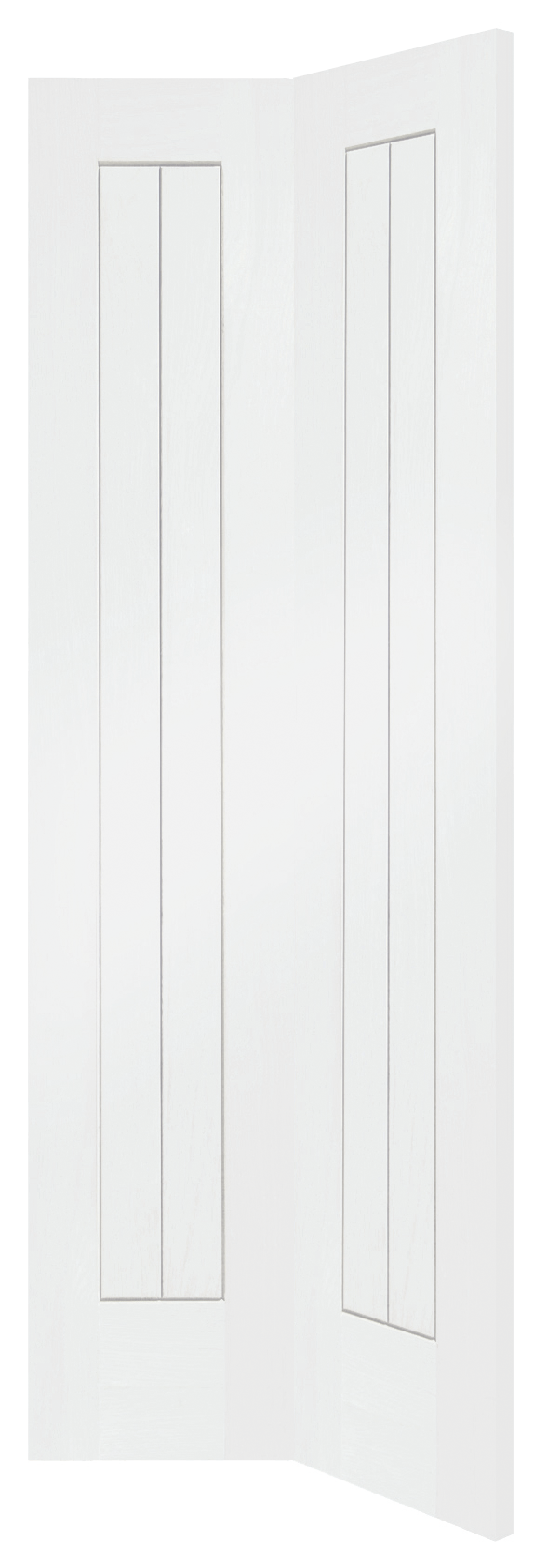 White interior door with vertical panels on a white background