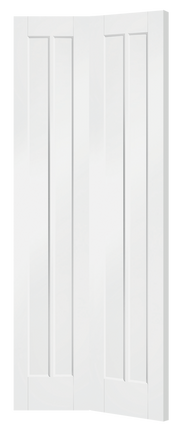 White door with three vertical panels on a white background