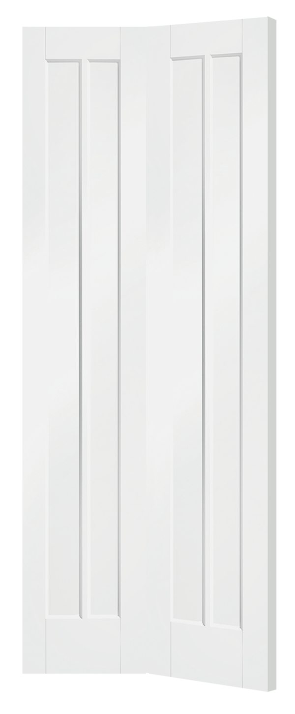 White door with three vertical panels on a white background