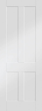 White door with a geometric panel design on a white background