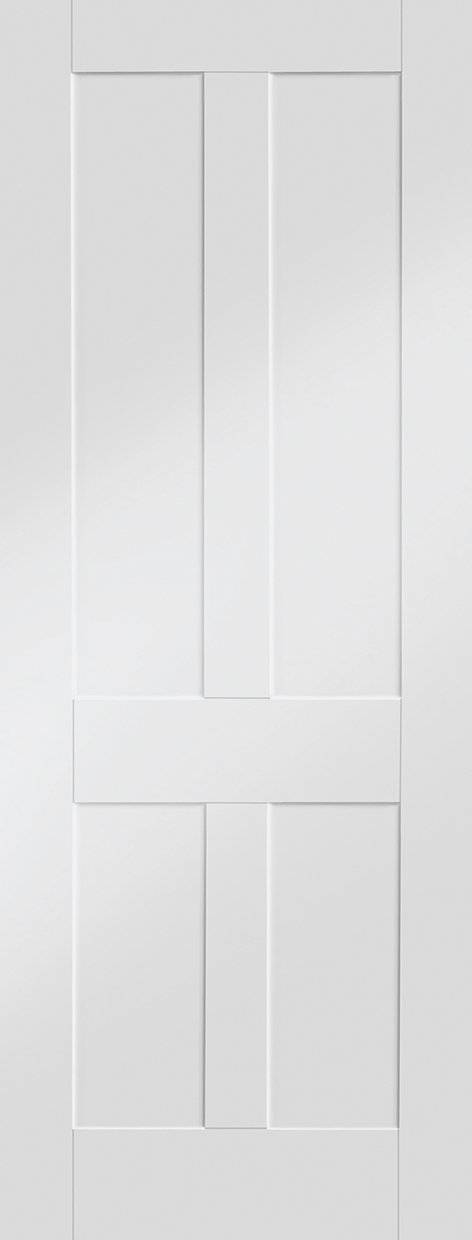 White door with a geometric panel design on a white background