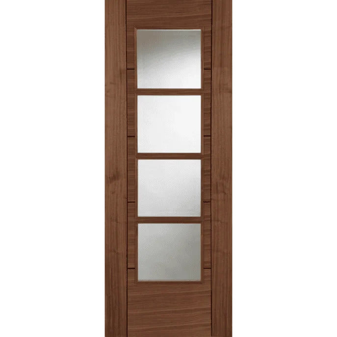 Wooden door with glass panels on a white background