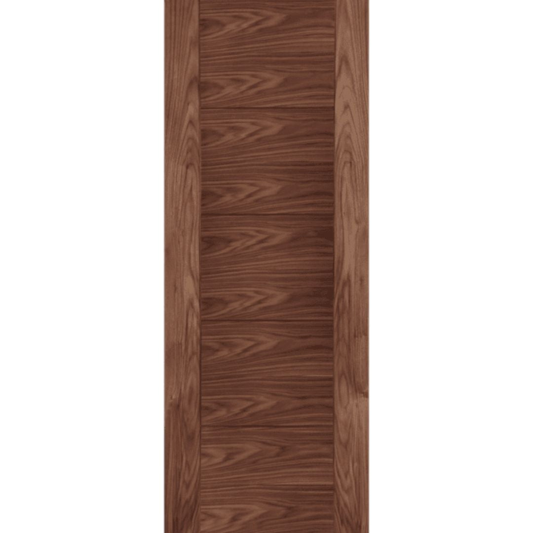 Wooden door with a walnut finish on a white background