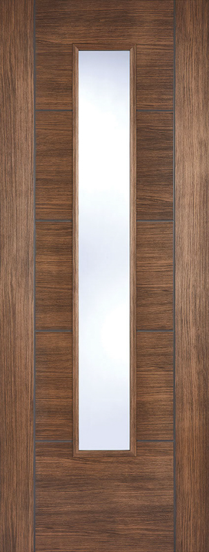 Laminate door in walnut finish with a single rectangular glass panel