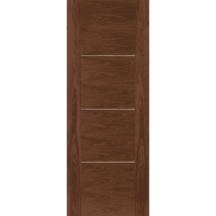 Wooden door with a dark brown finish on a white background