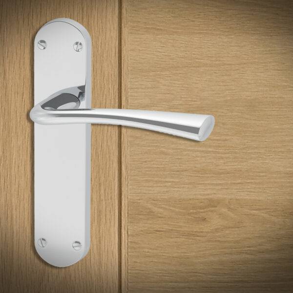 Silver door handle on a wooden door