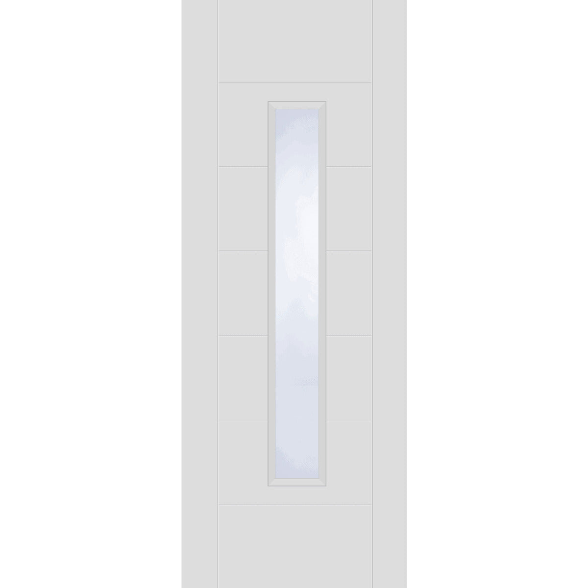 White door with a single rectangular glass panel on a white background