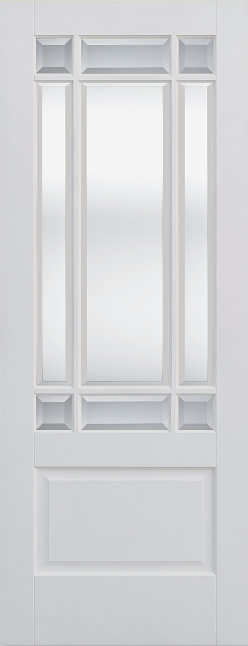 White door with glass panels on a white background