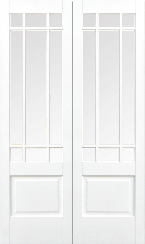 Pair of white interior doors with glass panels on a white background