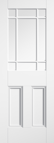 White door with glass panels on a white background
