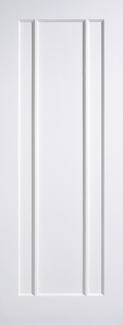 White door with vertical panels on a white background