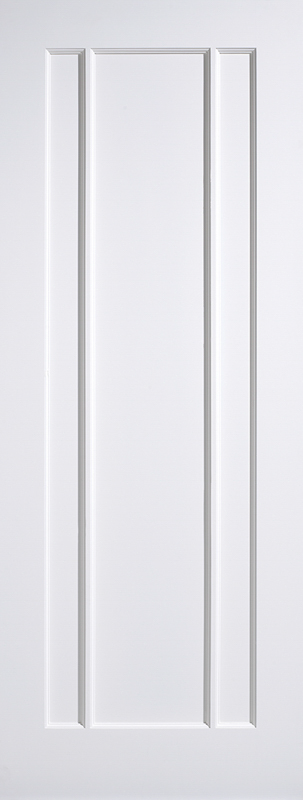 White door with vertical panels on a white background