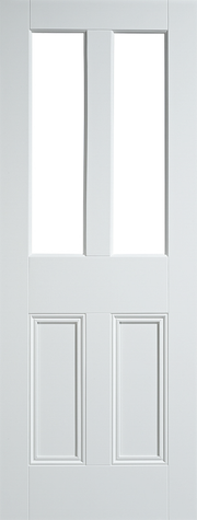 White door with two glass panels and two rectangular panels below on a white background
