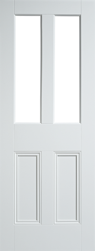 White door with two glass panels and two rectangular panels below on a white background