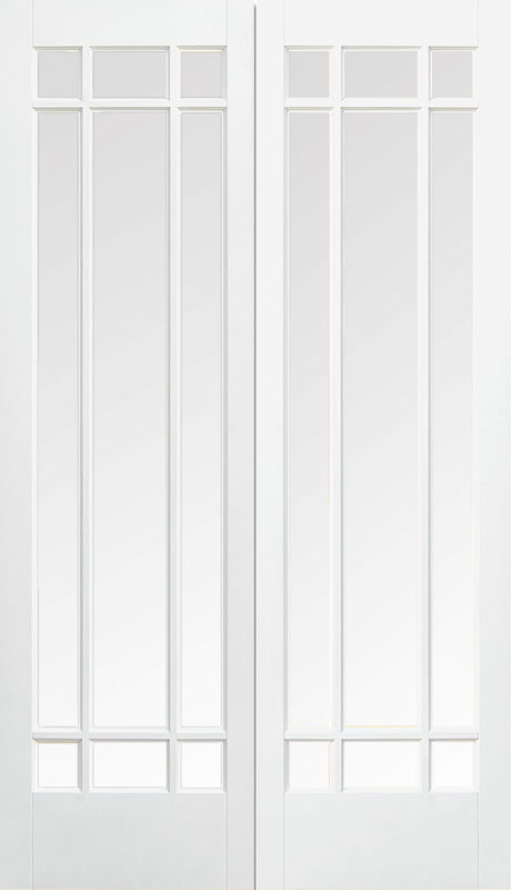 White interior door with glass panels on a white background