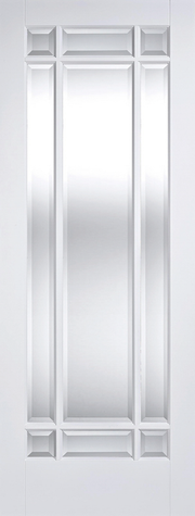 White door with decorative glass panels on a white background