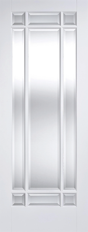 White door with decorative glass panels on a white background