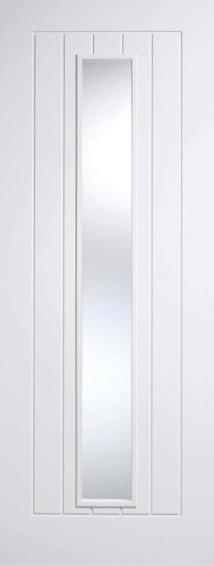 White door with a narrow glass panel on a white background