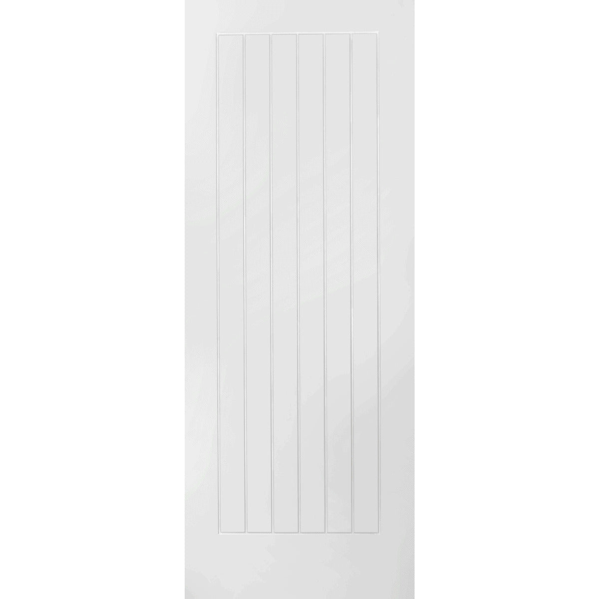 White wooden door with vertical slats on a white background