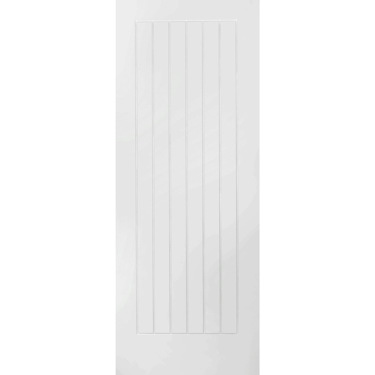 White wooden door with vertical slats on a white background