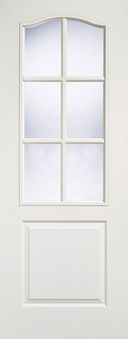 White door with glass panels on a white background