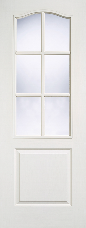 White door with glass panels on a white background