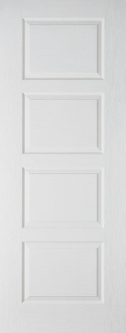 White door with a geometric panel design on a white background