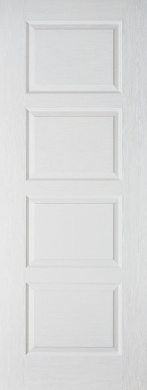White door with a geometric panel design on a white background