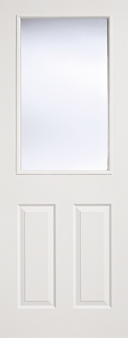 White door with a single rectangular window on a white background