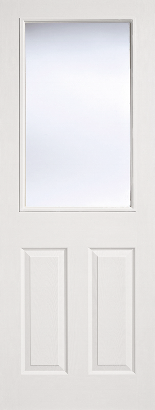 White door with a single rectangular window on a white background