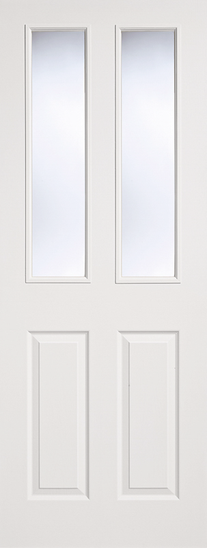 White door with glass panels on a white background