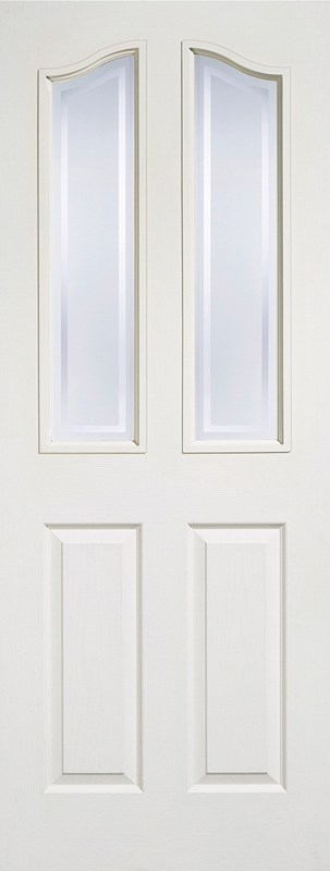 White door with glass panels on a white background