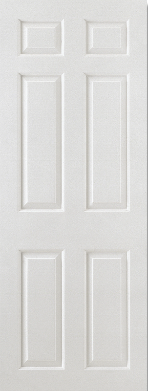 White door with six rectangular panels on a white background