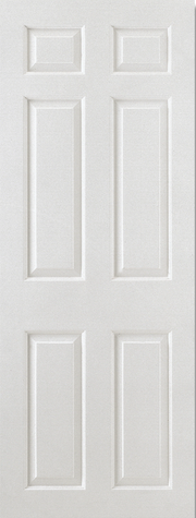 White door with six rectangular panels on a white background