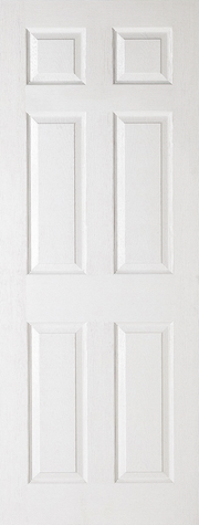 White door with six square panels on a white background