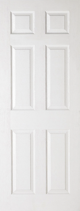 White door with six square panels on a white background