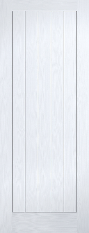 White door with vertical slats on a white background