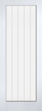 White door with vertical slats on a white background