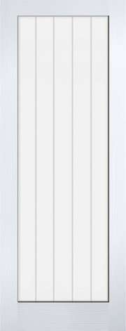 White door with vertical slats on a white background