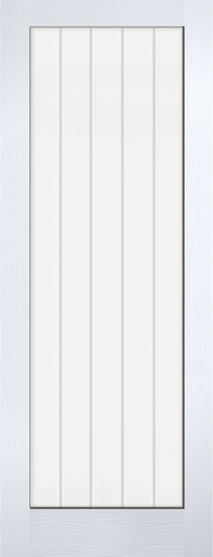 White door with vertical slats on a white background