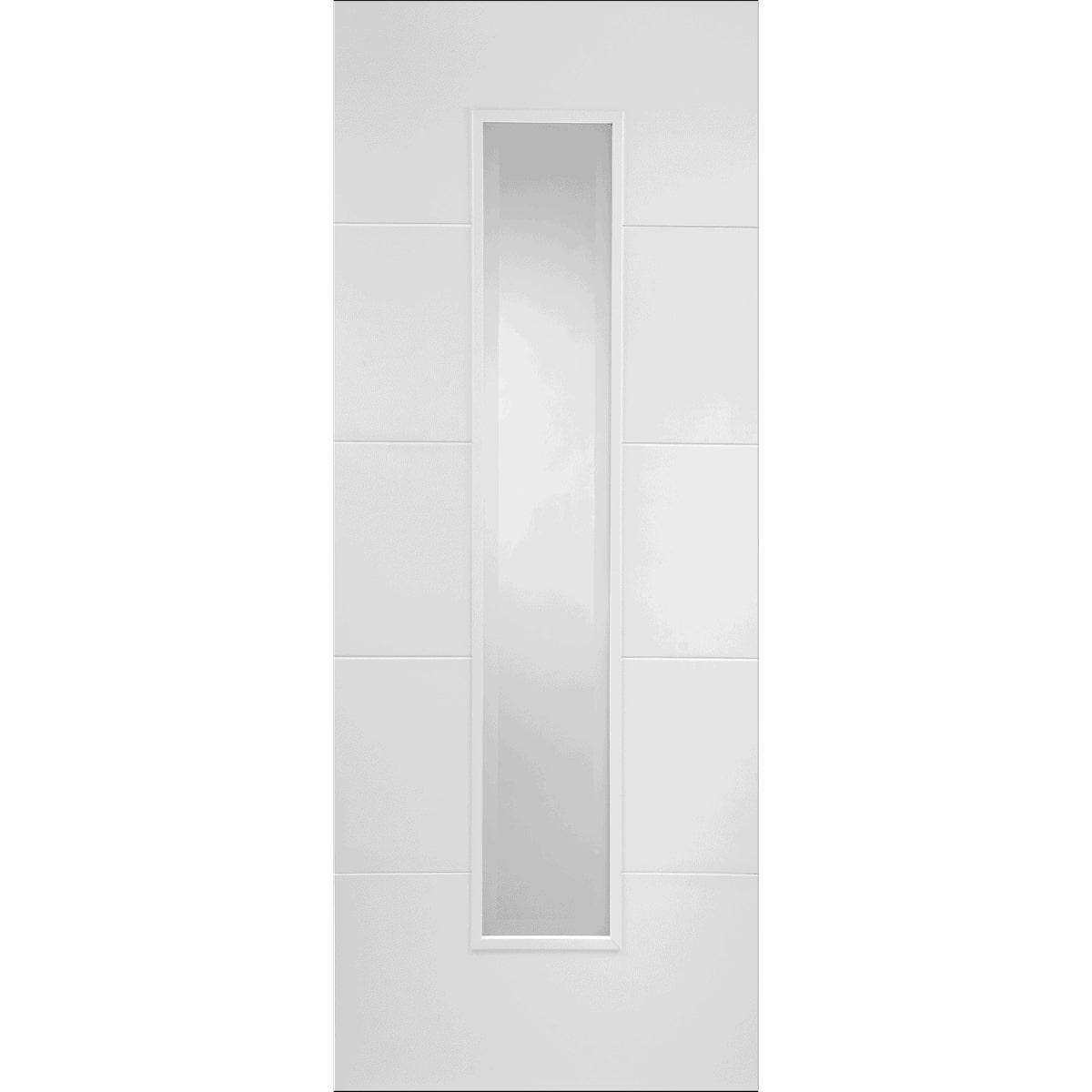 White door with a single rectangular glass panel on a white background