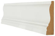 Decorative architrave with white finish and brown wooden edge on a white background