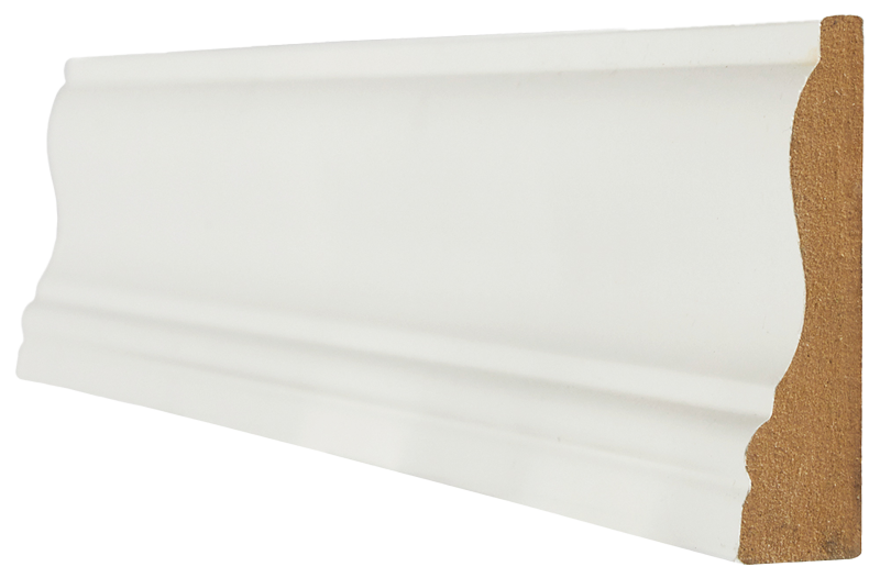 Decorative architrave with white finish and brown wooden edge on a white background